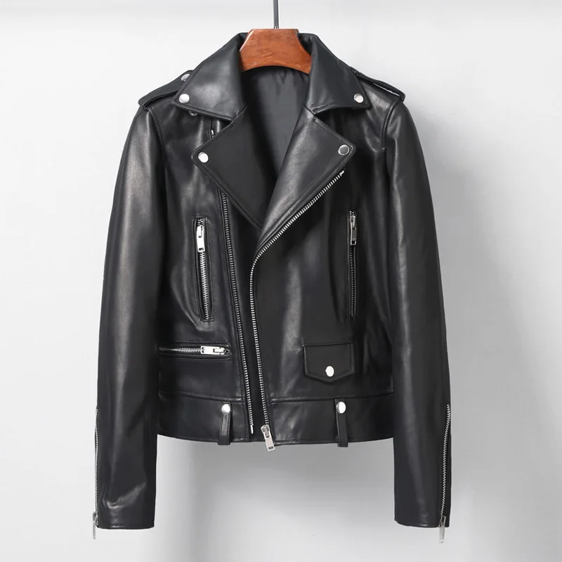 High Quality Autumn Fall Spring 2023 Women's Moto Biker Zipper Jacket Genuine Real Leather Sheepskin Coat for Female Black XXXL