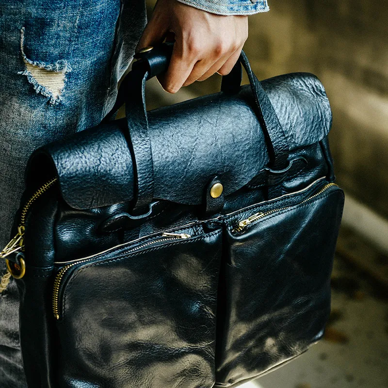 Simple casual luxury natural genuine leather men black large-capacity portable briefcase work business shoulder messenger bag