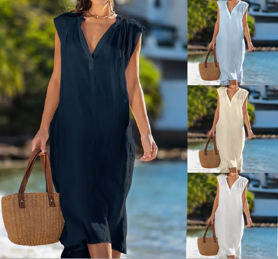 

Женское платье Scarleton 2023, хлопковое, льняное, без рукавов, однотонное, свободное, с V-образным вырезом, повседневное, летнее, темпераментное, для поездок
