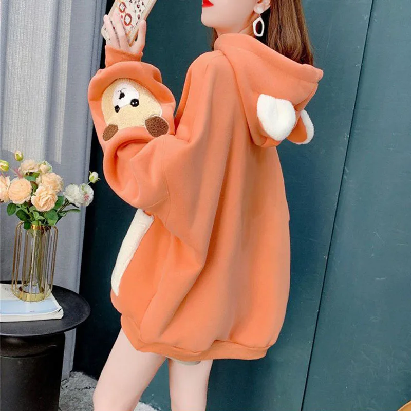 

Толстовка Женская флисовая с капюшоном, Модный пуловер свободного покроя с карманами и медведем, Повседневная универсальная кофта с капюшо...