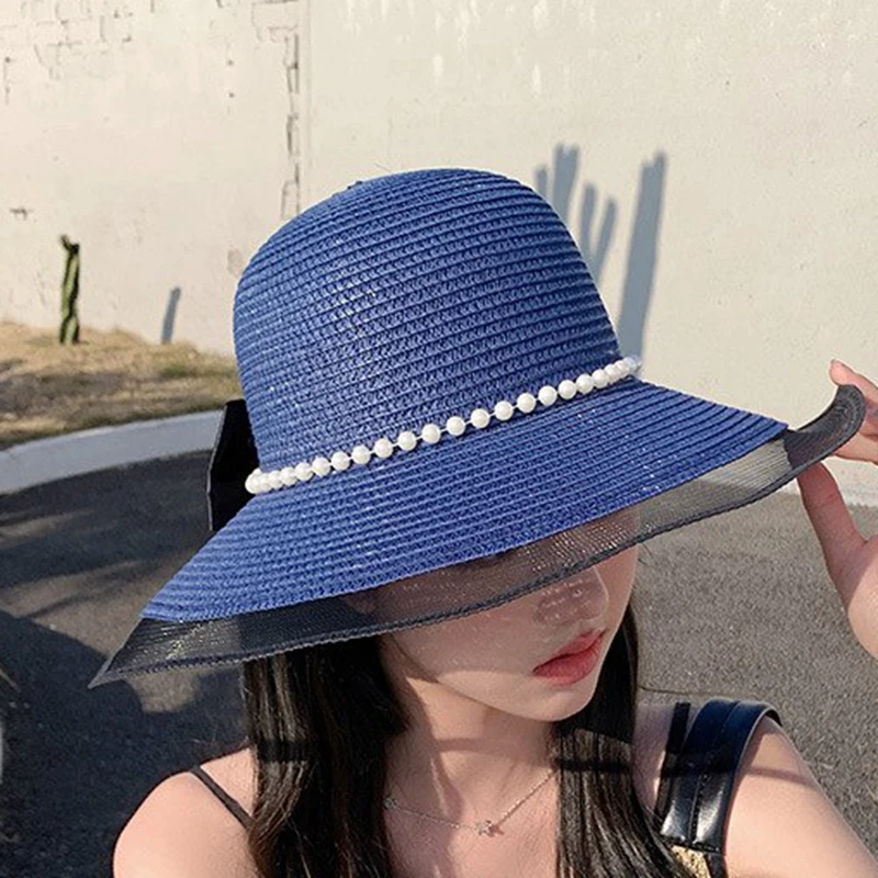 

Korean Version Large Brim Pearl Sun Protection Women Summer Hat Spring Summer Outdoor Shade Bow Tie Straw Hat Beach Cap