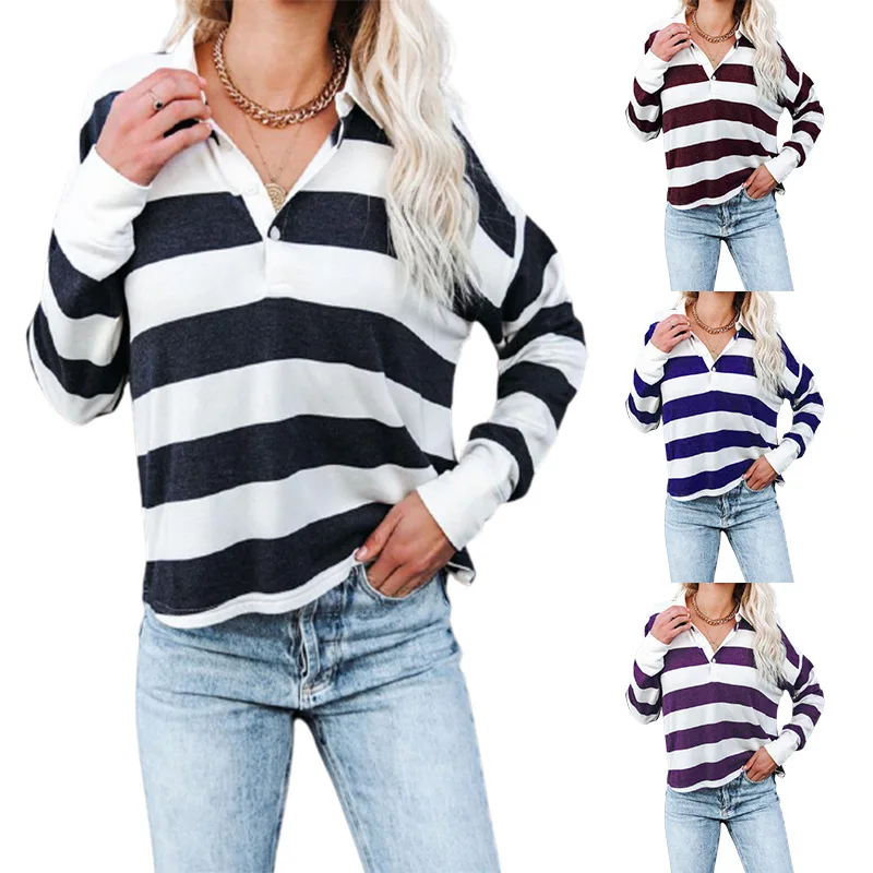 

2022 Women's Striped Print Lapel Collar Button Long Sleeve Top T-Shirt Women's