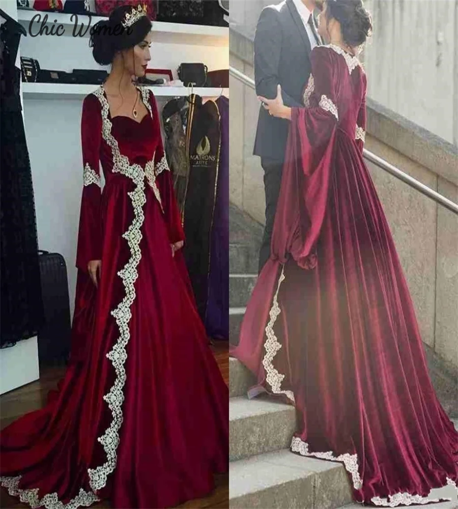 

Vintage Burgundy Velvet Wedding Dress 2023 Long Sleeve Arabic Turish Engagement Party Gowns Lace Muslim Country Church Bridal