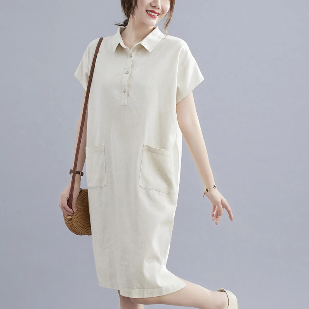 

Summer Dress for Women Short Sleeve Loose Mid-length Cotton Linen Shirt Dress Pocket Design Dress for Casual d88