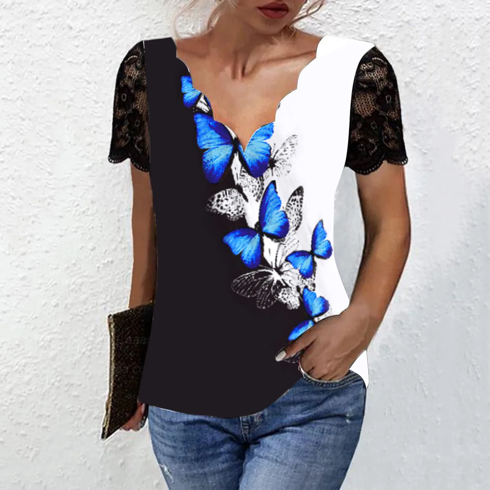 

Женская кружевная блузка с коротким рукавом и V-образным вырезом