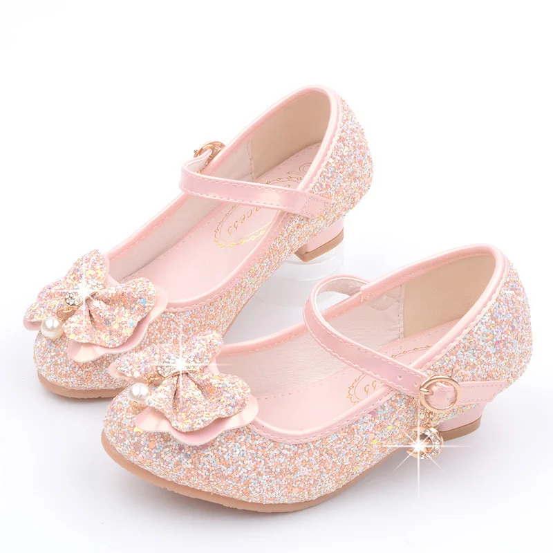 

Spring and Autumn Girls High-heeled Shoes Children's Sequined Dress Single Shoes New Girls Show Bow Princess Shoes Party Shoes