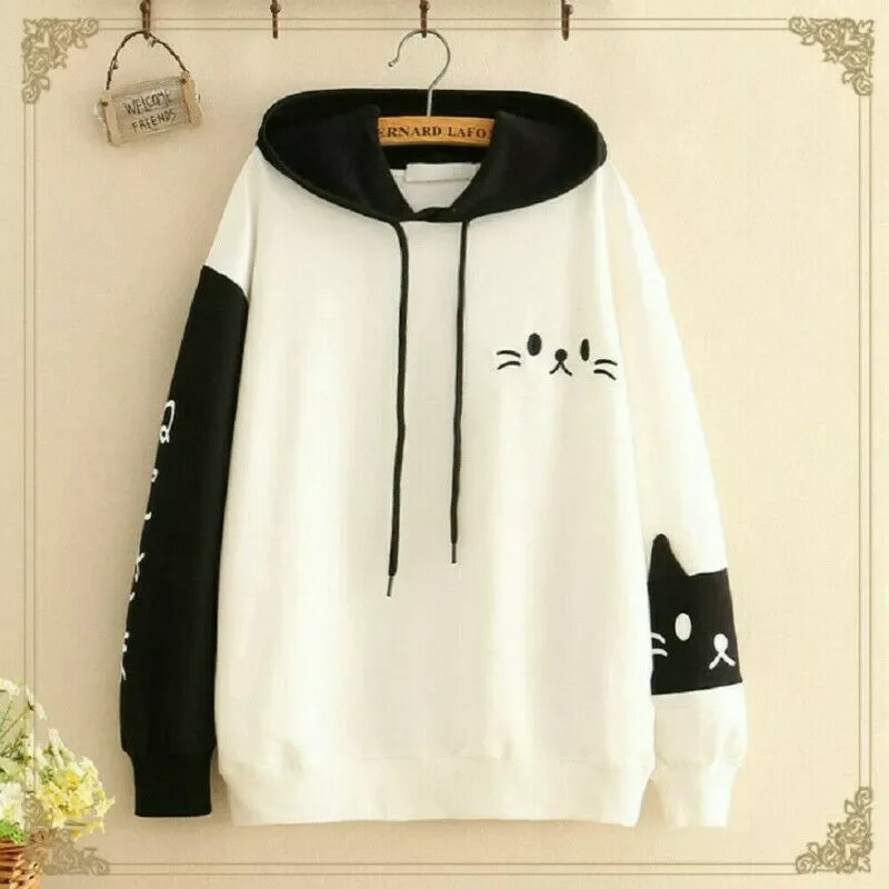 

Womens Casual Lovely Cat Paw Pattern Hoodie Long Sleeve Kitty Cat Print Sweatshirt Hoodie Tops Female Tops Streetwear