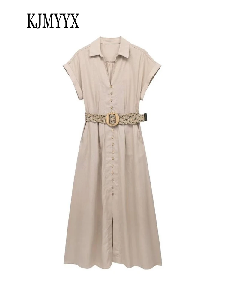 

KJMYYX Fashion With Belt Midi Dresses for Women New Summer Elegant Evening Short Sleeve Party Dresses Female Casual Streetwear