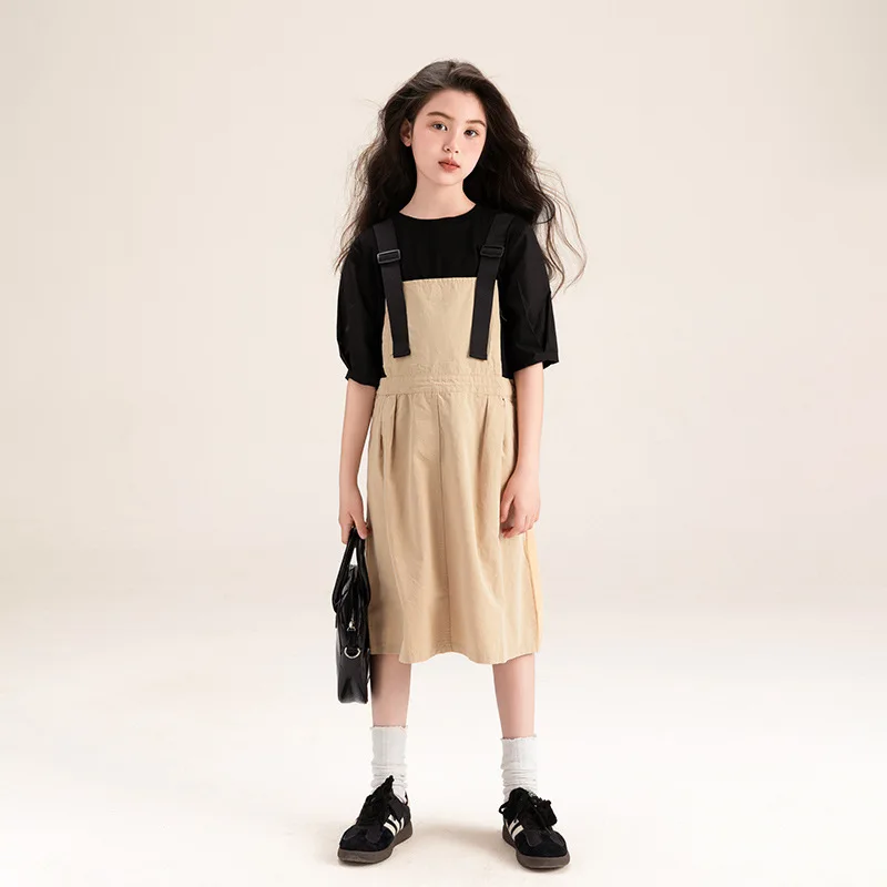 

Girls Casual Dress Fashion Patchwork Suspender Fake Two Pieces Summer Young Student Kids Dresses Short Sleeves Children Clothes