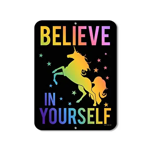 

Honey Dew Gifts Unicorn Decor - Believe in Yourself - Rainbow Unicorn - Metal Aluminum Novelty Tin Sign Decor, Unicorn Room Dec