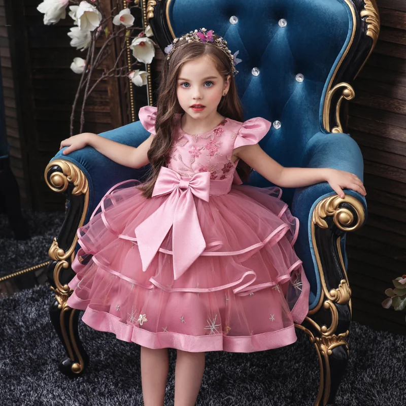 

Elegant Party Kids Christmas Child Wedding Tulle Sleeveless Girl Princess Dress for Girls Bowknot Ruffles Girls Dresses 4-9y