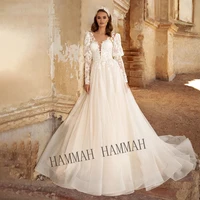 hammah princess 2022 wedding dresses v neck puff sleeve court train button a line appliques robe de soir%c3%a9e de mariage