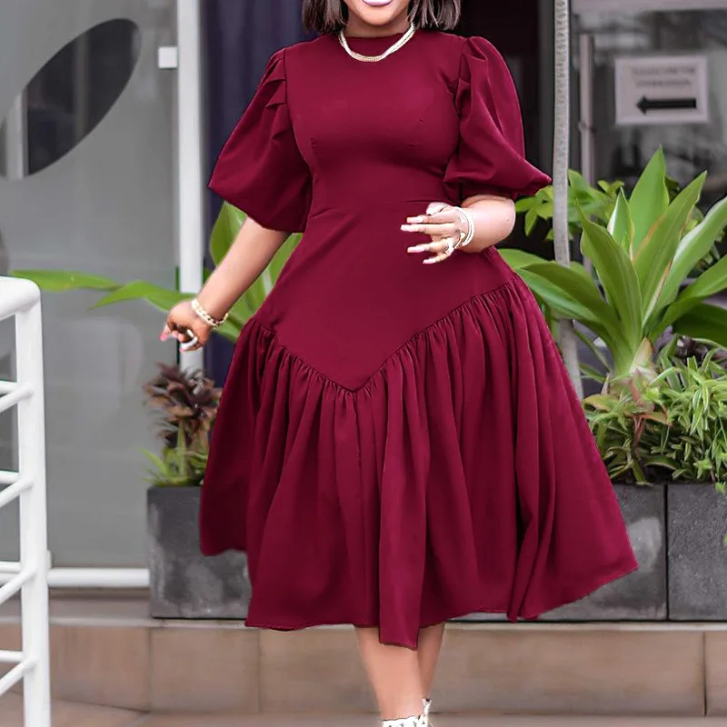 

Evening Party Dress Women Half Puff Sleeve O Neck Folds African Dress Autumn Fshion Office Ladies Casual Loose Pleated Dress