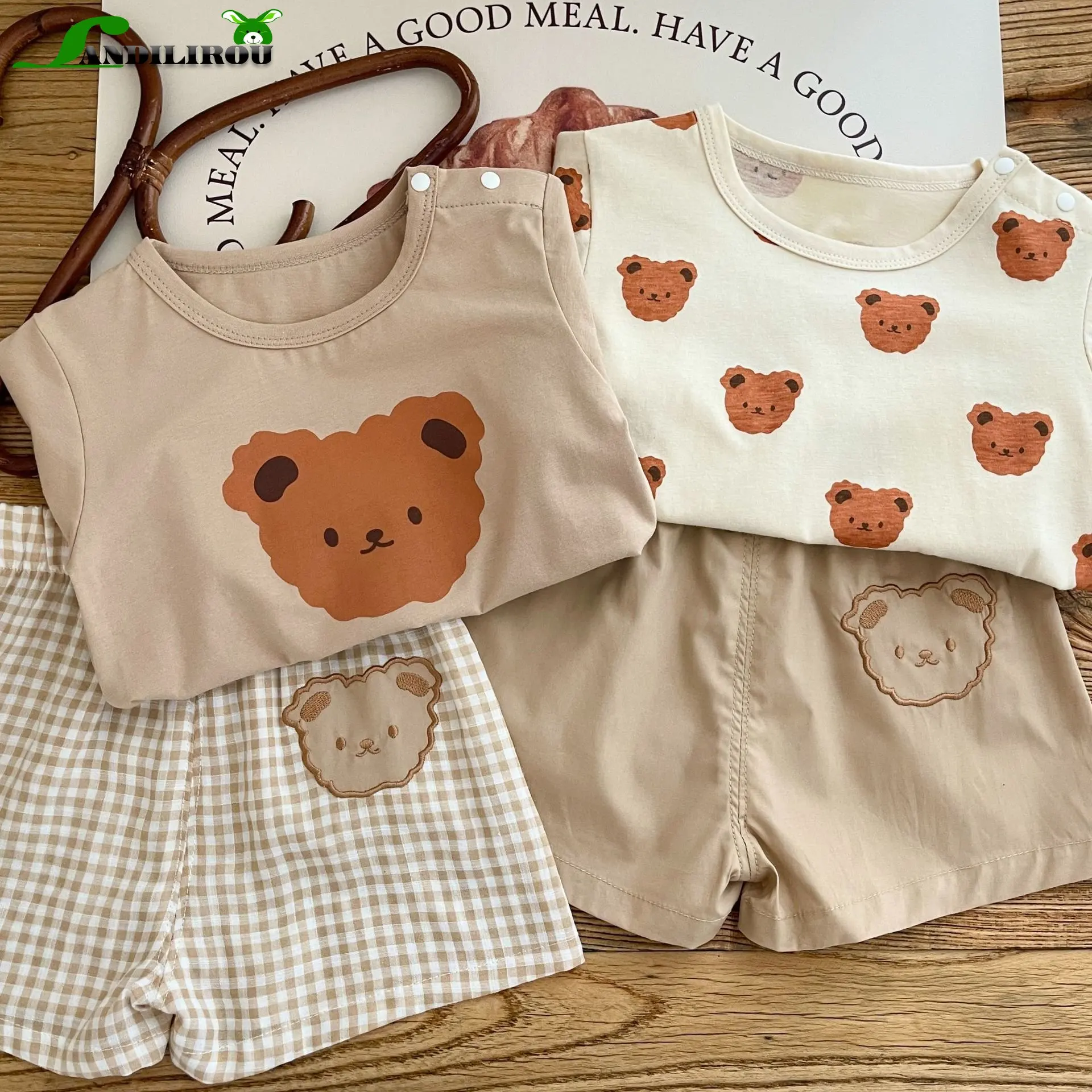 

Cute Summer Outfits Infant Toddlers: Short Sleeve Bear Print Tops Tees Embroidered Plaid Shorts for Girls Boys Children 3M-6Y