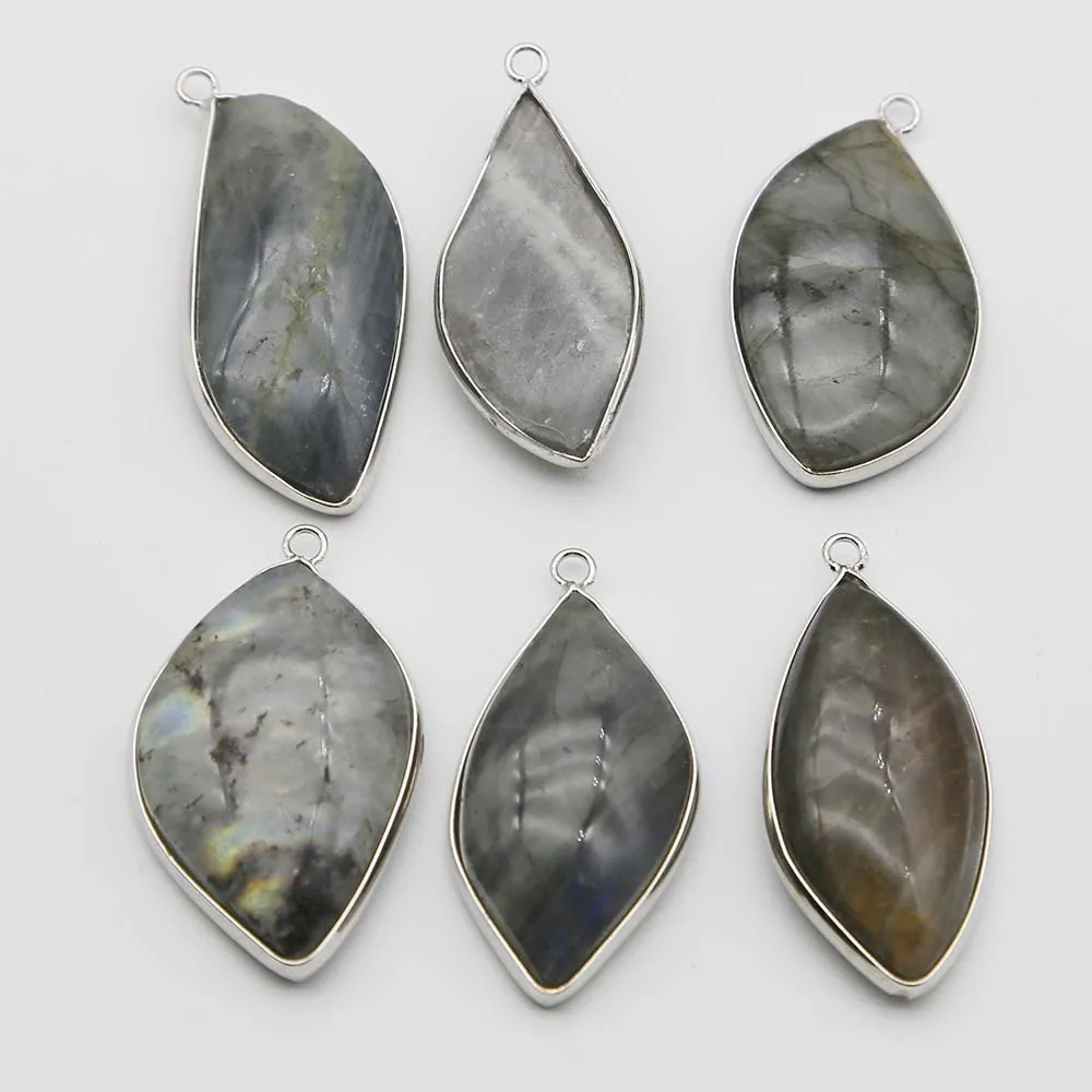 High Quality Natural Labradorite Stone Silver Edge Irregular Pendant Necklace Reiki Charm DIY Jewelry Accessories Wholesale 8Pcs
