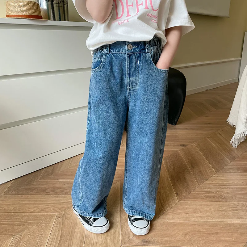 

Spring Kids solid color all-match straight jeans Boys and girls fashion loose casual denim pants