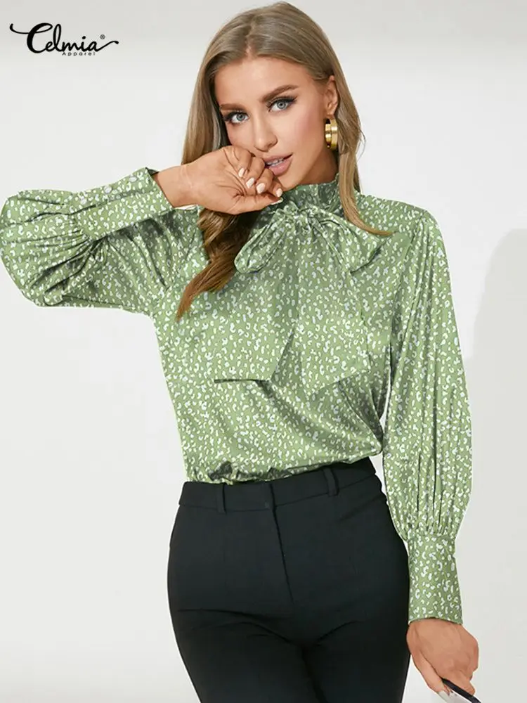 

Celmia Elegant Bow Tie High Collor Blouses 2022 Spring Lantern Sleeve Shirt Women Fashion Printed Tunic Tops Casual Work Blusas