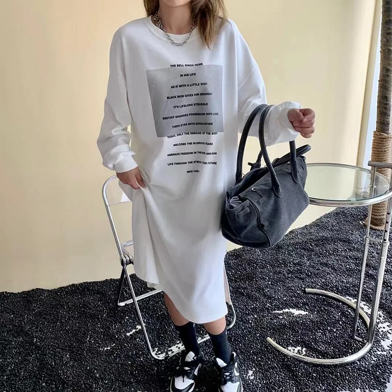 

women printed O-neck mid-calf casual dress fashion streetwear loose straight long-sleeve dress 2021 fall clothes