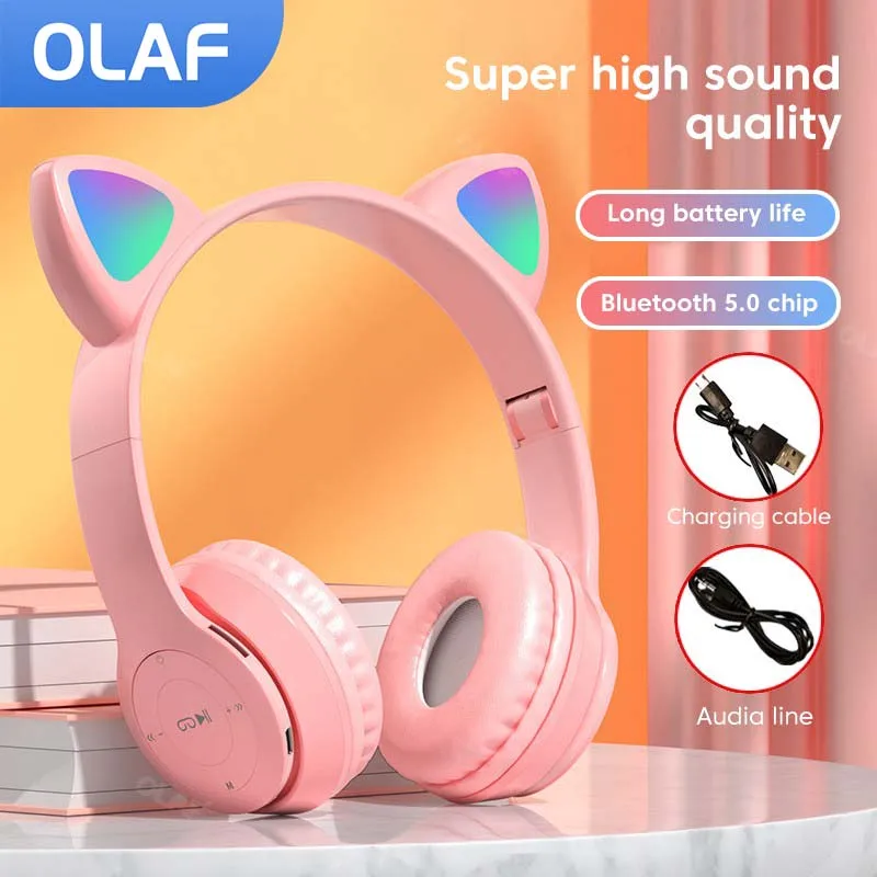 Cute Cat Ear Bluetooth Wireless Headphones LED Light Foldable Hifi Music Stereo Earphone For Kids Girls Earbuds PC Phone Headset