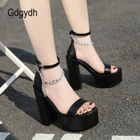 gdgydh fashion sandals open toe chunky block high heels platform sandals for women sexy metal chain black white dress wedding