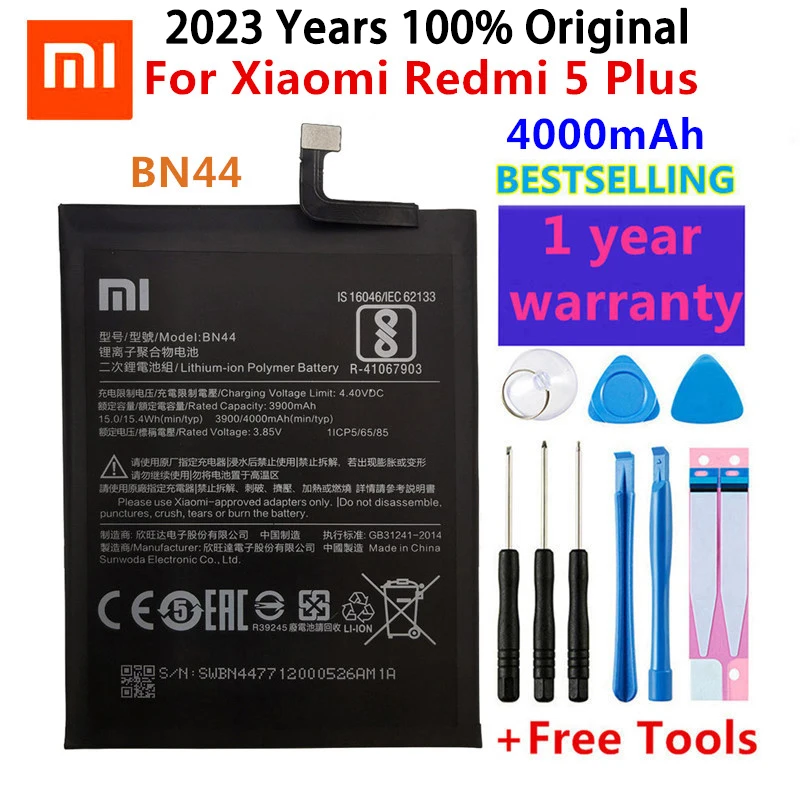 

Original BN44 Mobile Phone Battery For Xiaomi Redmi 5 Plus Real Capacity 4000mAh Replacement Li-ion Battery + Tools +Stickers