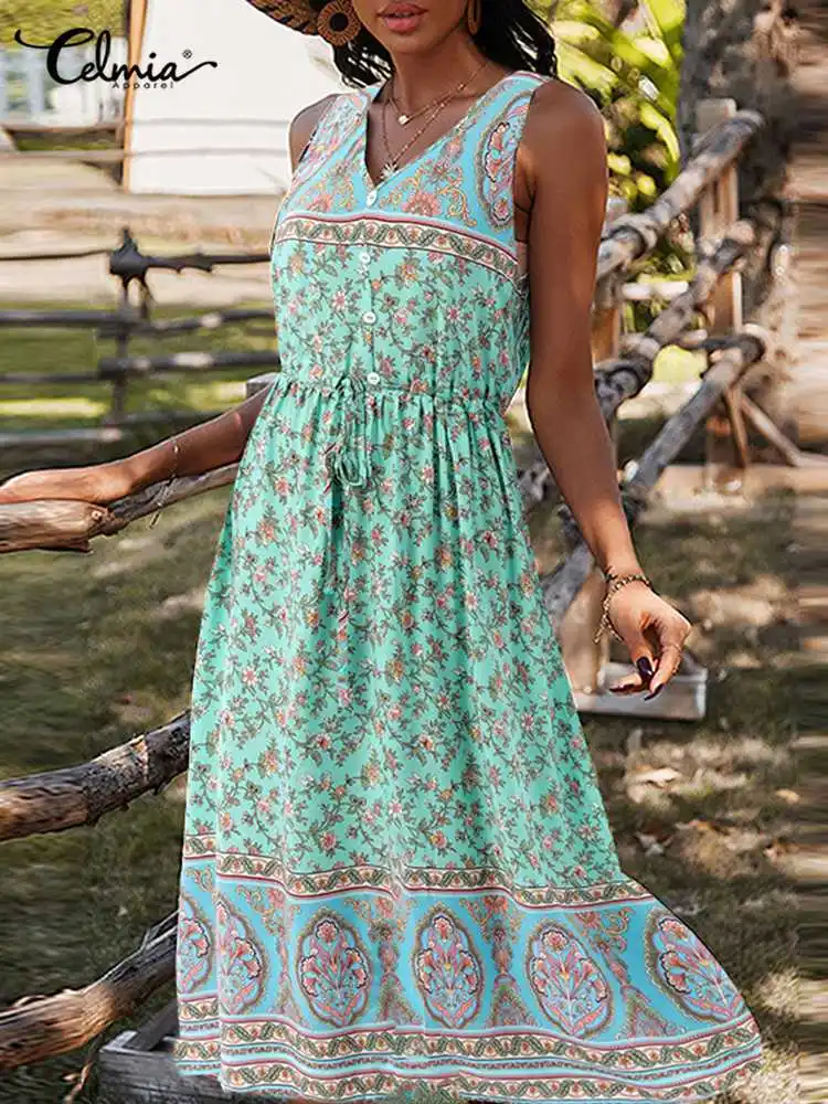 

Celmia Sleeveless Holiday Tank Dress Lace Up V-neck Women 2022 Summer Robe Longue Femme Bohemian Floral Print Casual Midi Dress