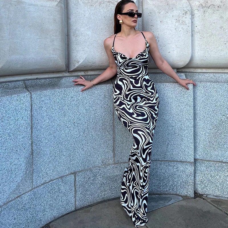 

Женское платье с высокой талией, длинное Привлекательное платье на бретельках с открытой спиной и принтом, лето 2022