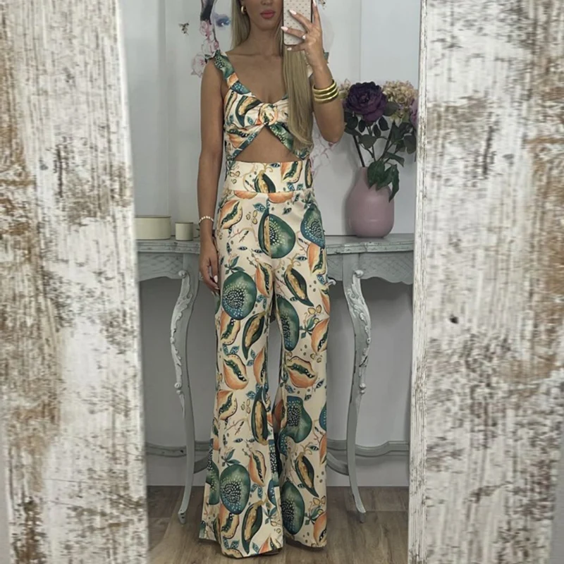 

Women Summer Beach Two Piece Suit High Waist Flare Pant Outfits Ladies Printing Fashion Casual Ruffle Straps Tops Long Pants Set