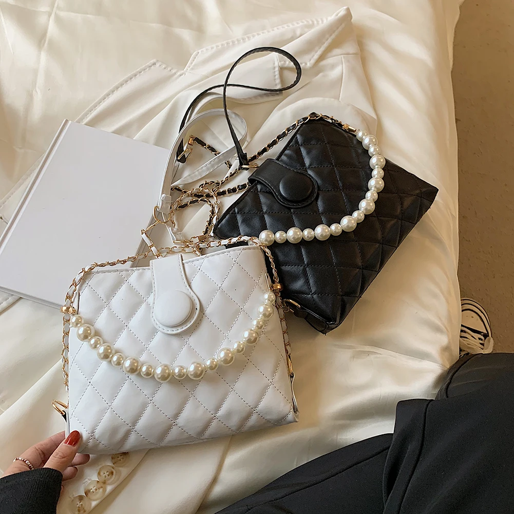 

Fashion Women Bag PU Lattice Pattern Pearl Pure Color Handbag Shoulder Messenger Luxurious Vintage Small Shoulder Bag