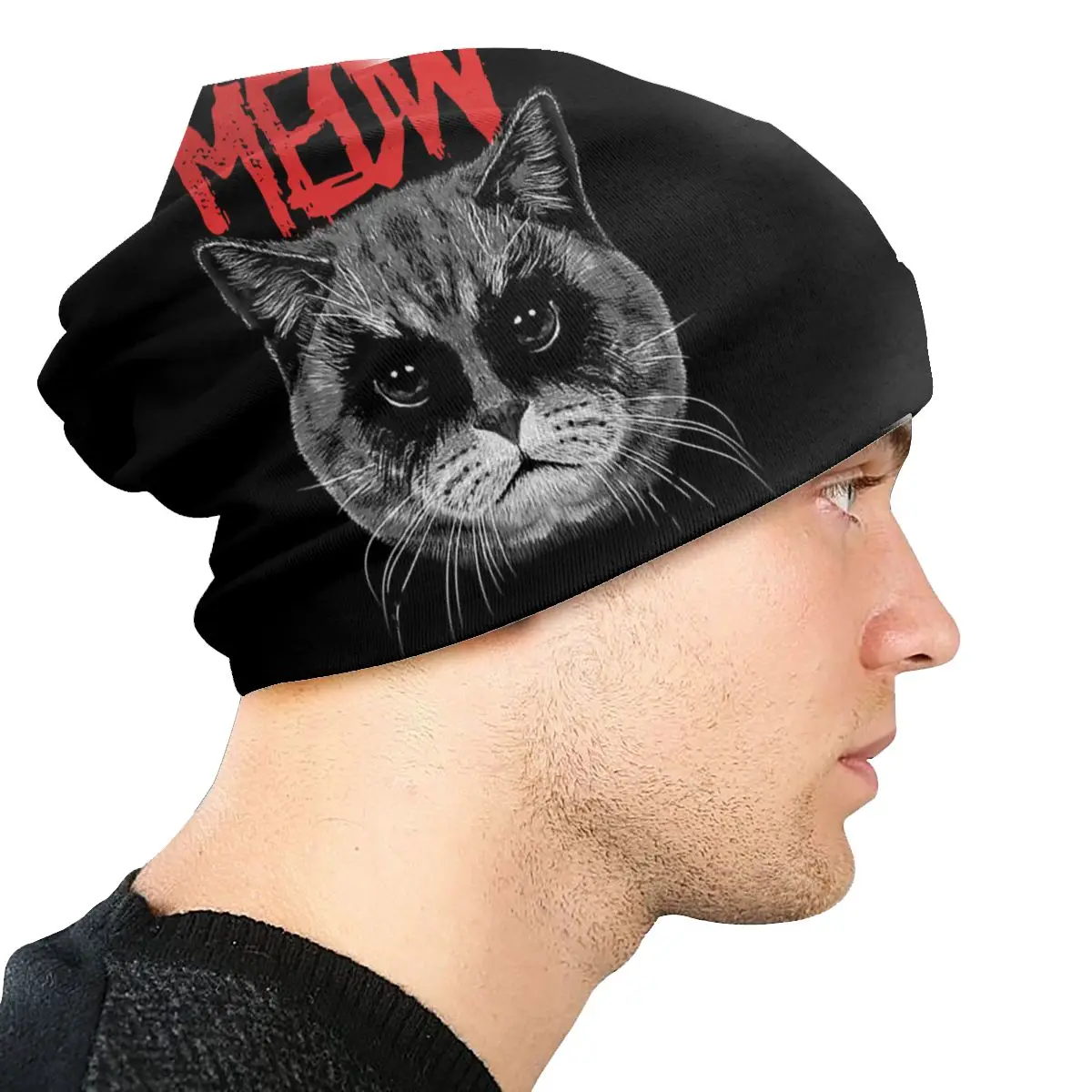 Черная металлическая шапочка с котом и надписью Meow шапки осенне-зимние шапочки