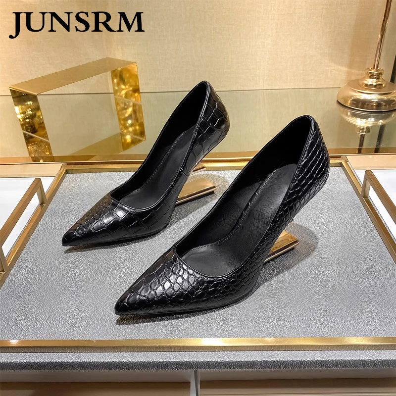 

2023 New Black Patent Leather Pumps Strange Style Heel Shallow Pointed Toe Single Shoe Women All-match Fashion Party Dress Shoes
