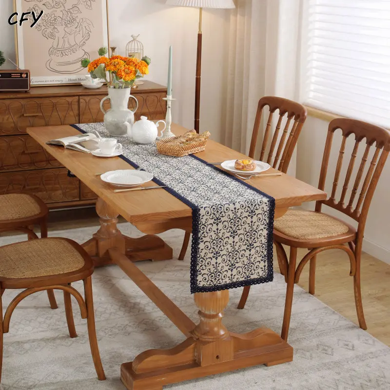 

Cotton Linen American Vintage Blue Porcelain Table Runner with Thick Tassel Table Runner Long for Party Dining Table Decoration