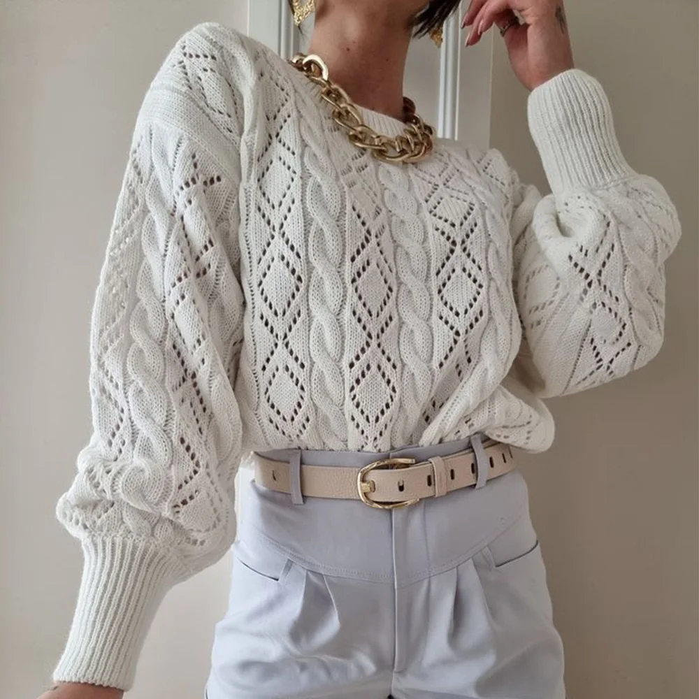 

White Pullovers Woman Knitted Round Neck Long Sleeve Sweater Elegant Hollow Blue New Fashion Lady Autumn Jumpers 2021