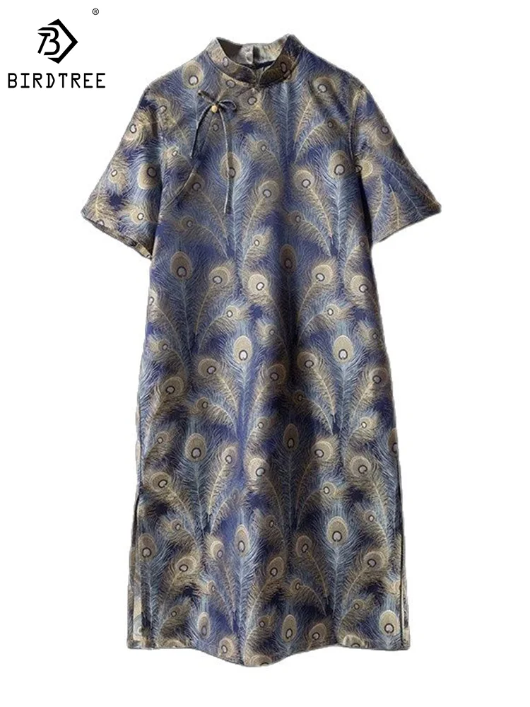 

Birdtree 100%Pure Silk Song Brocade Cheongsam Dress Women Stand Collar Printed Loose Fashion High End Midi Dress Summer D37903QM
