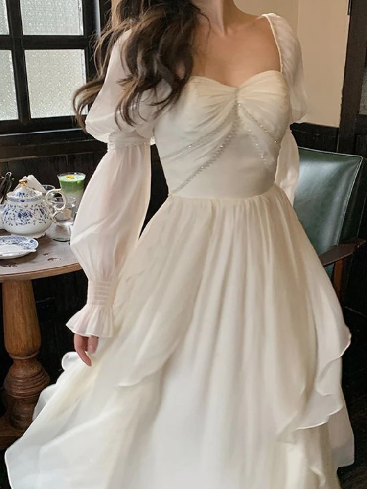 

French Sweet Fairy Dress Female Slim Party Long Sleeve Dress Office Lady Elegant Causal Dress Solid Korean Fashion 2023 Summer