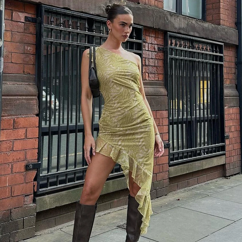 

Sexy One Shoulder Striped Print Ruffle Mini Dress Summer Sleeveless Asymmetrical Y2K Rave Party Vestido Fashion Streetwear Women