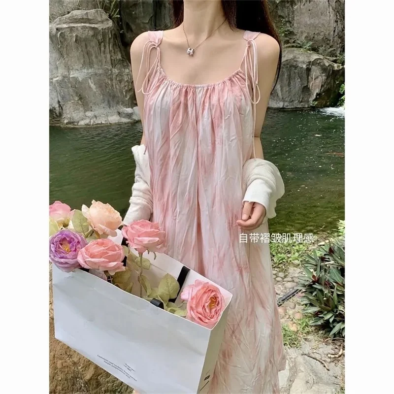 Женское длинное платье с принтом, розовое пляжное платье без рукавов, на бретельках, праздничное платье Женское длинное платье с принтом, розовое пляжное платье без рукавов, на бретельках, праздничное платье