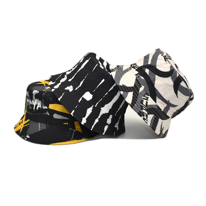 

New Summer Unisex Double-sided Print Graffiti Bucket Hats Fishing Outdoor Cap Vintage Women Men Sunscreen Hat Street Headwear
