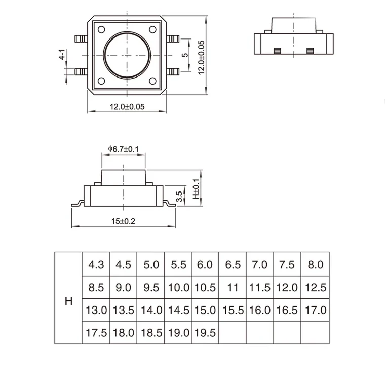 10 шт. 12x12 H = 13/13 5/14/15/16/17 мм ~ 4 3 контакта DIP мгновенное быстрое включение черный