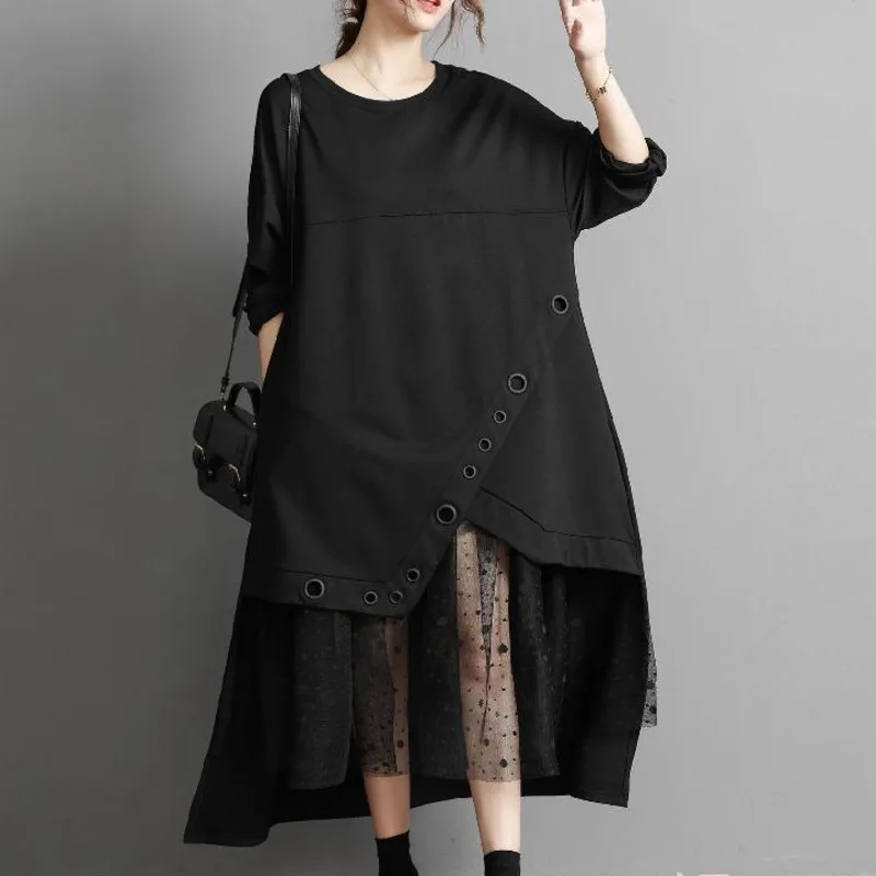 

Ladies Black Patchwork Mesh Irregular Dresses Women Long Sleeve Loose Casual Vintage Dress Fashion Elegant Clothes Spring 2022