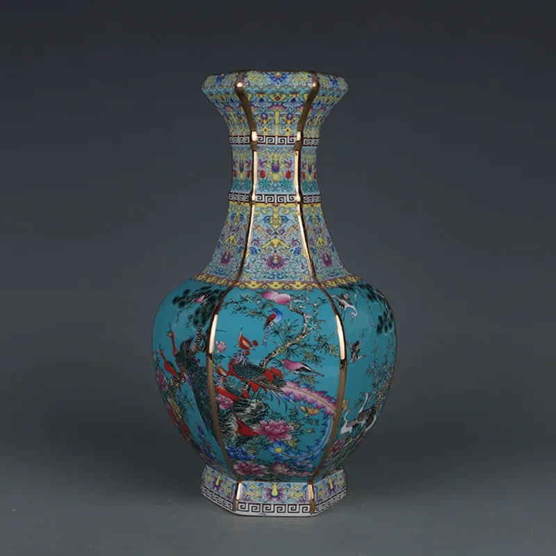 

Qianlong Enamel Hexagons Vase With Flower And Bird Pattern Jingdezhen Antique Ceramic Vase