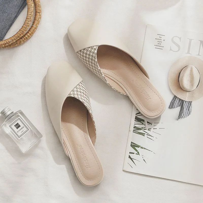 Summer Classic Mule Women Shoes Ladies Retro Soft Sole Slipper Womens Mule Low Heel Sandals Female Beige Mule for Falt Shoes