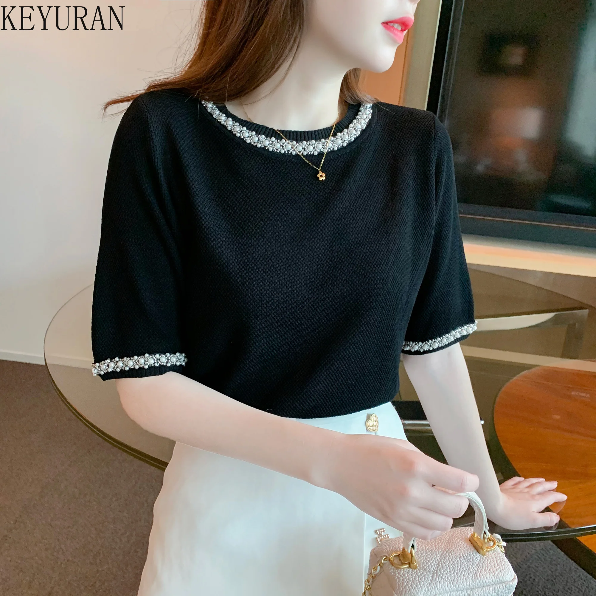 

Pearls Beading O-neck Knitted Short Sleeve Sweater T Shirt Women 2022 New Summer Korean Pink White Tee Shirt Femme Tops Tshirts