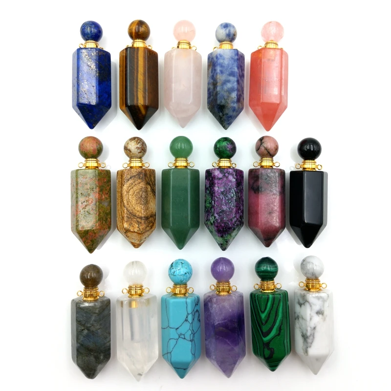 

Natural Gemstone Perfume Bottle Pendant Hexagon Prism 7 Chakra Crystal Quartz Oil Diffuser Jewelry for Necklace Making
