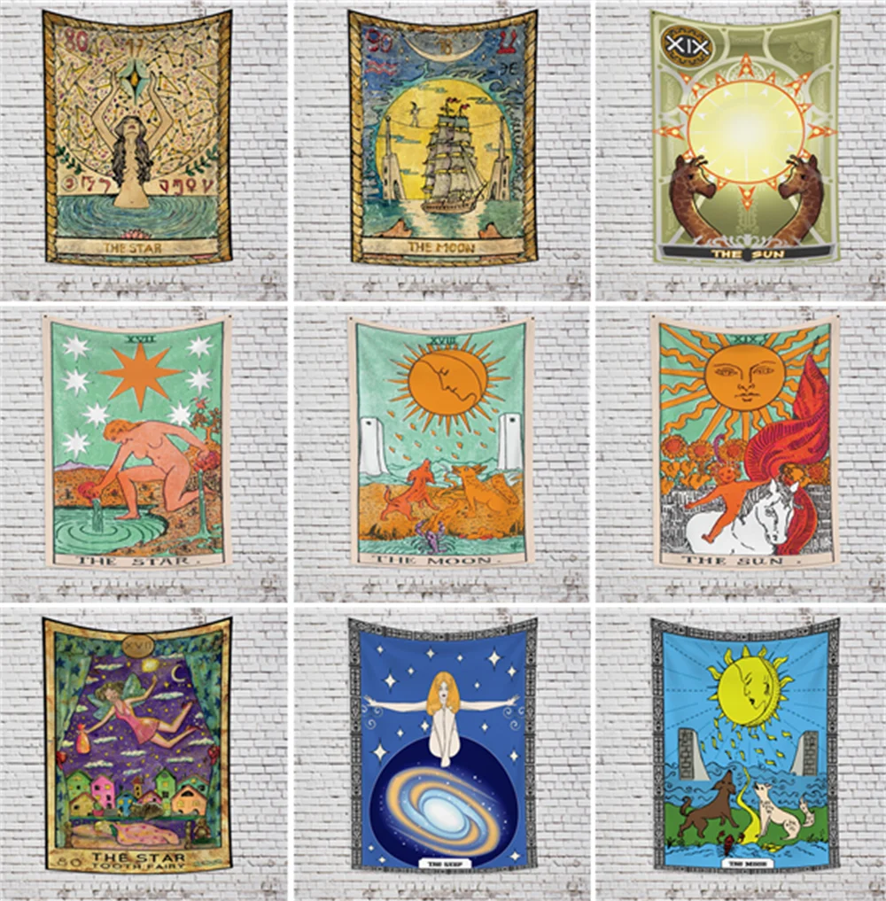 

Tarot Card Tapestry Vintage Witchcraft Astrology Carpets Wall Hanging Mandala Sun Moon Goddess Home Wall Decor Polyester