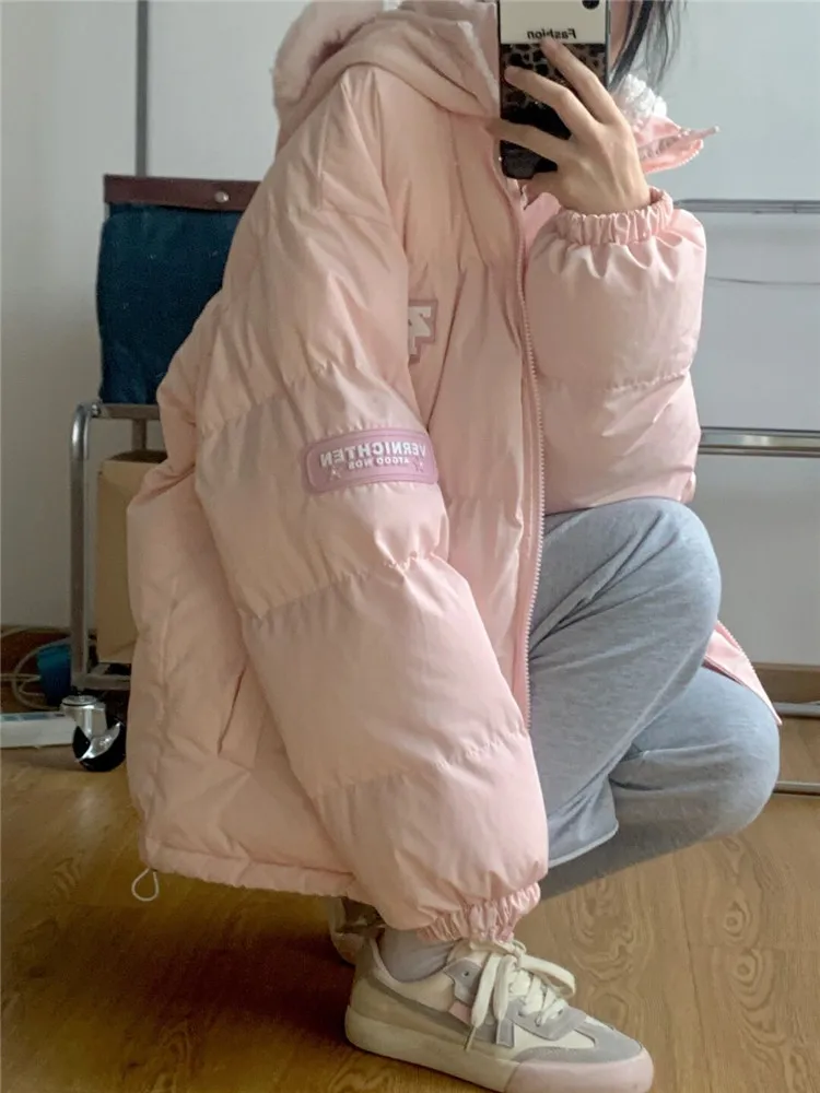Pink Cotton Padded Coat Clothes Oversize Women's  Hooded Bread Short Jacket Winter Loose Puffer Parkas Ladies Oversize Outwear