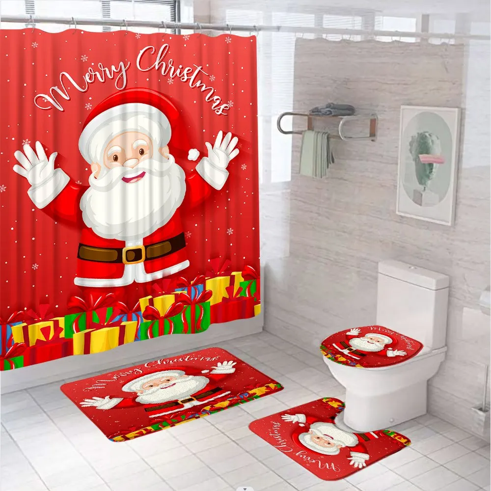 

Red Christmas Shower Curtain Sets Santa Claus Xmas Snowflake Snowman Bathroom Screen Anti-slip Bath Mat Toilet Cover Carpet Rugs