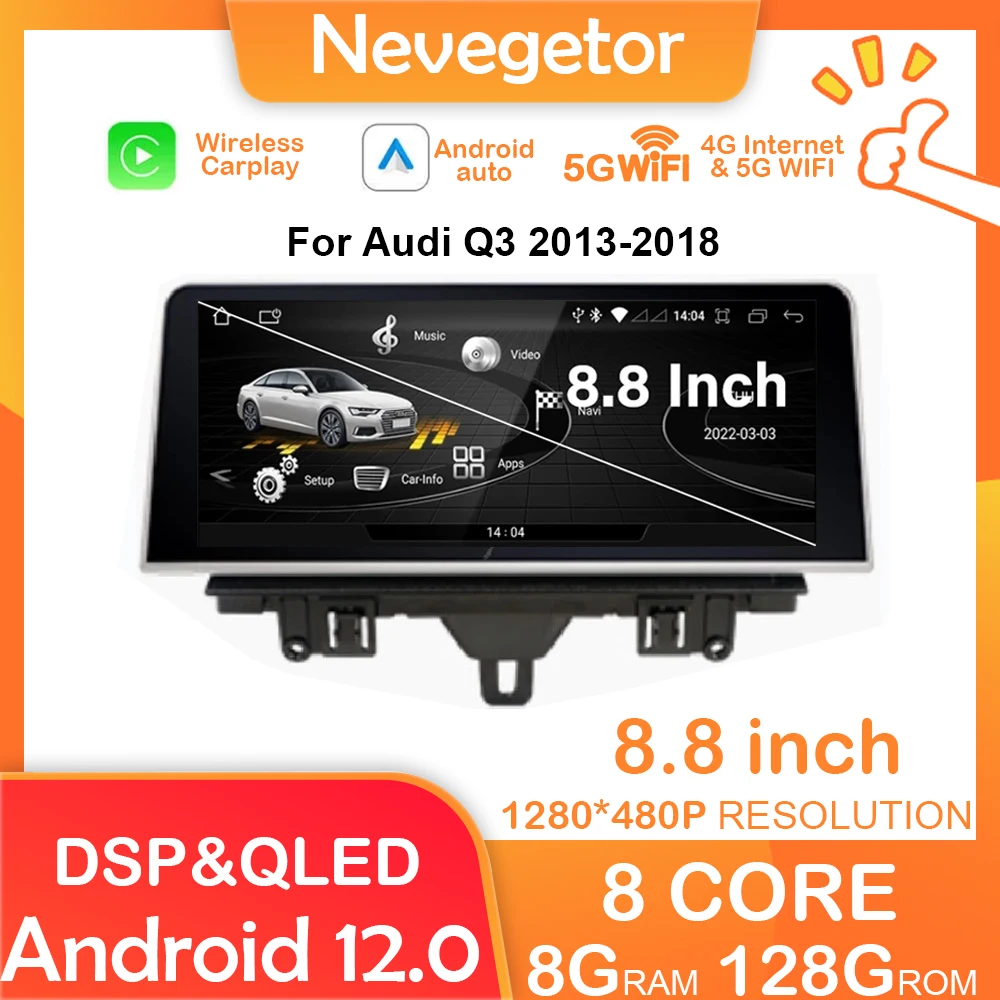 

8,8 "Android 12 для Audi Q3 2013-2018, автомобильное умное радио, стереоприемник, радио, стерео, GPS-навигация, беспроводное CarPlay