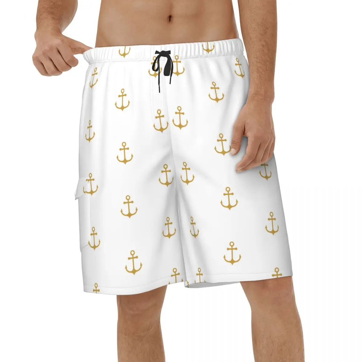 

New Shorts White Golden Anchor Summer Men's Beach Board Shorts Male Beach Shorts