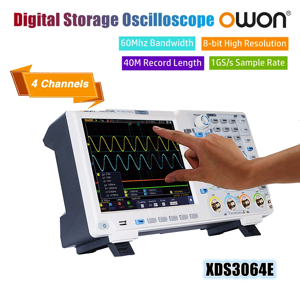 

OWON XDS3064E 4CH 60MHz Bandwidth 1GS/s 8 bits 8" inch Display RS232 CAN Bus Decording 40M Memory USB Digital Oscilloscope